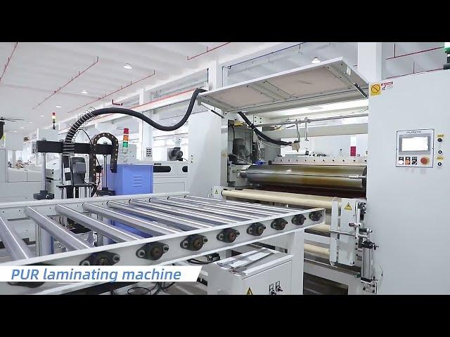 Automated coating machinery  large panel finishing PUR laminating machinery PURETE Machine Display