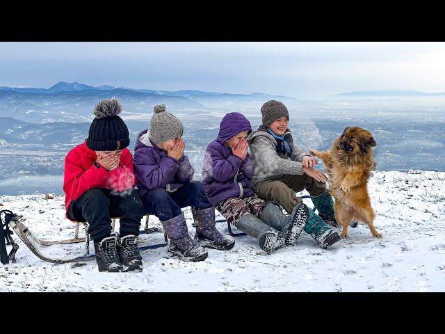 Happy life of a family of 7 children in a mountain village in winter. Life is far from civilization