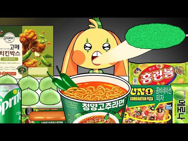  Convenience Store Green Food Mukbang - Bunzo Bunny PLAYTIME Animation Mandu, Spicy Pepper Ramyon 