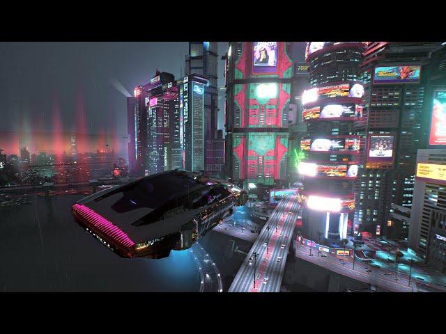 [4K] Cyberpunk 2077 Ray Tracing Overdrive - Flying Car and Walking Tour in Rainy Night City