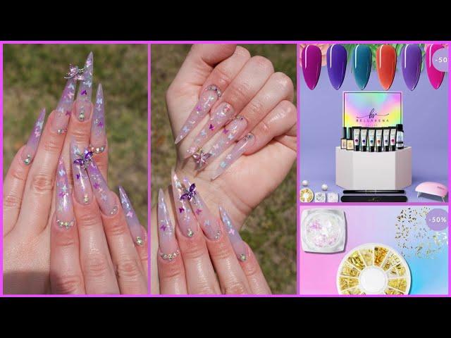 BellaVena Mood Swing Polygel Kit Review I Encapsulated Stiletto Butterfly Glitter Nails W/ Piercing