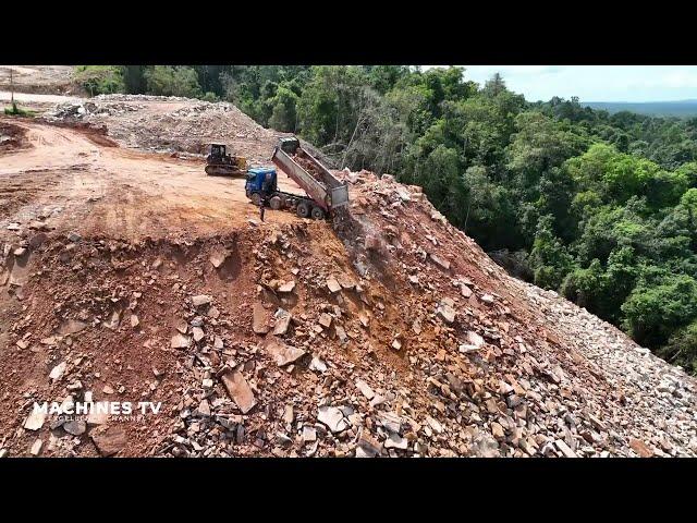 Amazing Project Truck Dumping Big Stone On High of Mountain Bulldozer ZOOMLION Pushing Clearing