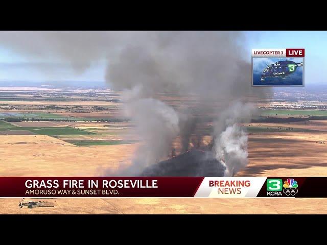 LiveCopter 3 shows a vegetation fire in west Roseville sparked by vehicle