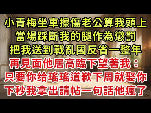 小青梅坐車擦傷老公算我頭上，當場踩斷我的腿作為懲罰，把我送到戰亂國反省一整年，再見面他居高臨下望著我：只要你給瑤瑤道歉下周就娶你，下秒我拿出請帖一句話他瘋了#復仇 #小說#爽文