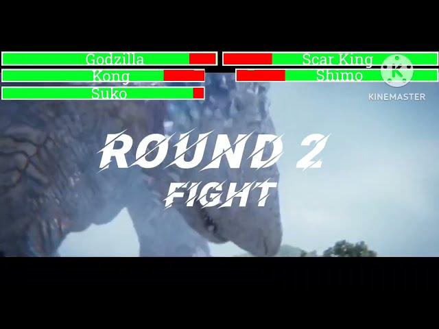 Godzilla, Kong, Mothra and Suko vs Scar King and Shimo with healthbars War Fight GxK: The New Empire