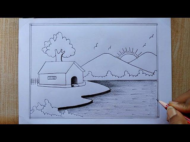 Pencil drawing| Easy Landscape scenery drawing| Village scenery drawing| House,tree,sun,bird,hill