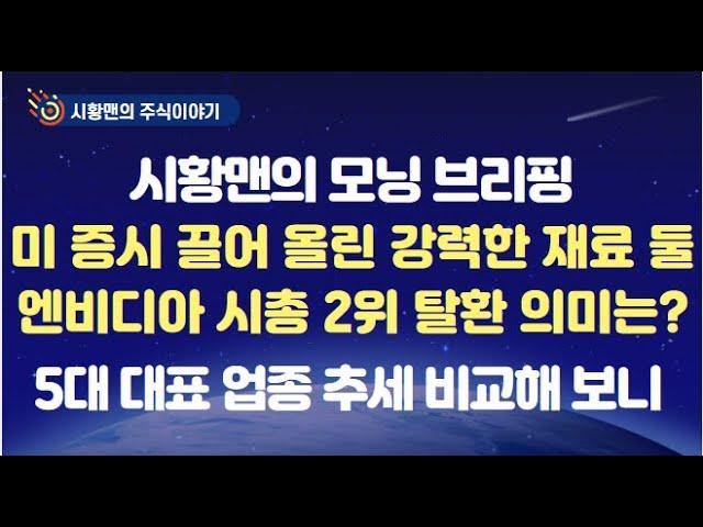 모닝 브리핑. 미 증시 연속 상승 이끈 강력한 재료 둘. 골드만삭스가 던진 호재. 엔비디아 시총 2위 의미는? 주요 업종 최근 추세 비교. 분석가들이 예측한 향 후 전망 정리