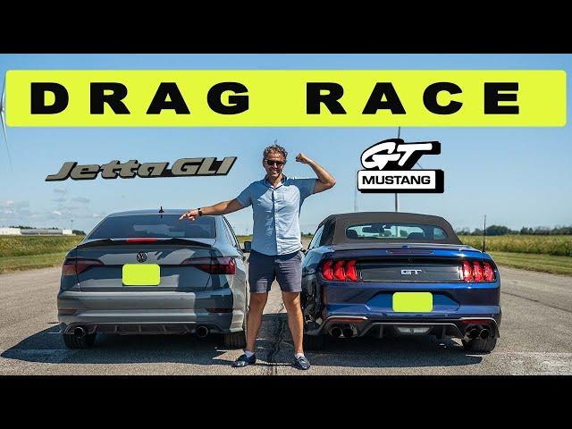 Tuned VW Jetta GLI vs Ford Mustang GT, it comes down to traction. Drag and Roll Race.