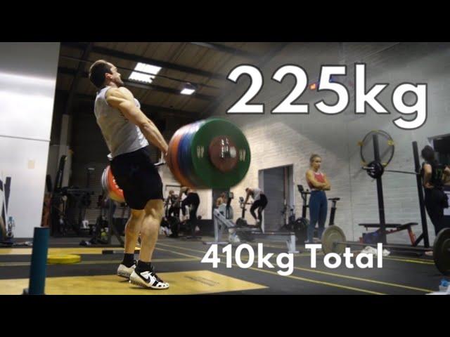 225kg Clean and Jerk, 185kg Snatch, 410kg Training Total