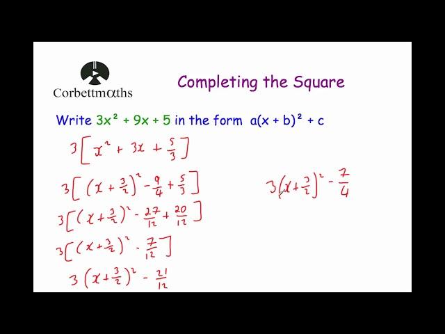 Completing the Square 2 - Corbettmaths