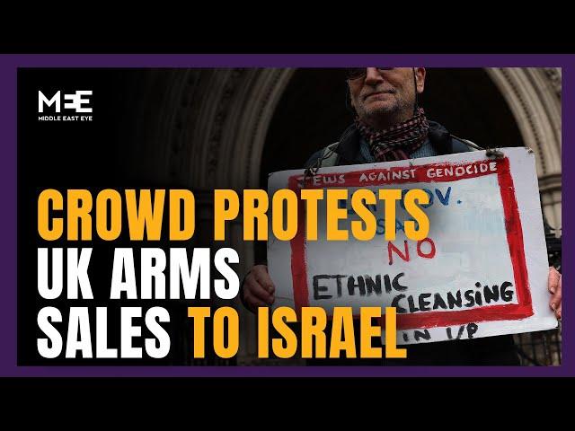 Protestors demonstrate against UK F-35 component exports to Israel outside High Court of Justice