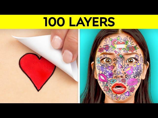 100 LAYERS CHALLENGE! Best 100+ Coats of Makeup, Hairspray, Duct Tape, Tattoos by 123 GO! CHALLENGE