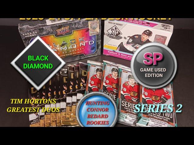  2023-24 BLACK DIAMOND, SP GAME USED, TIM HORTONS DUOS, UPPER DECK SERIES 2 HOCKEY HUNT FOR BEDARD!