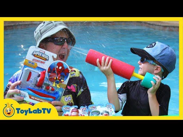 Spiderman & Superheroes Outdoor Water Toys Unboxing & Review with Aaron & LB in Fun Kids Video