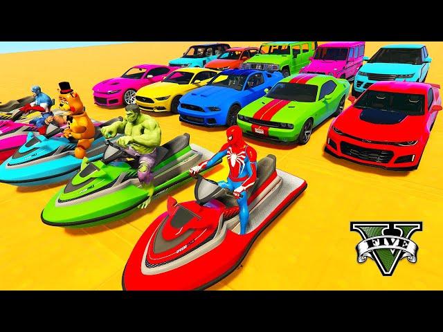 SPIDERMAN CARS Racing Challenge on MULTI Rampa ! SUPERHERO HULK Goku Motos BIKE JET SKI Race - GTA 5