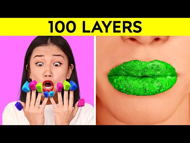 100 LAYERS CHALLENGE || 1000 Coats of Nails, Lipstick, Makeup! DARE GAME by 123 GO!CHALLENGE