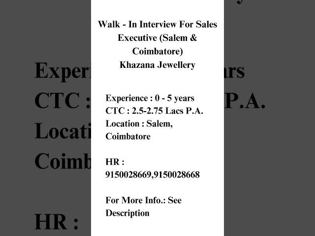 Walk - In Interview For Sales Executive (Salem & Coimbatore) Khazana Jewellery