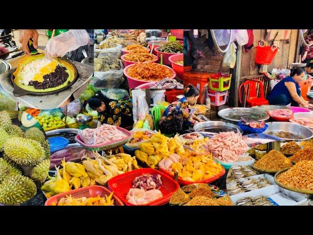 Cambodian street Vegetable market - Daily Lifestyle & activities of Vendors Selling Buyer Food