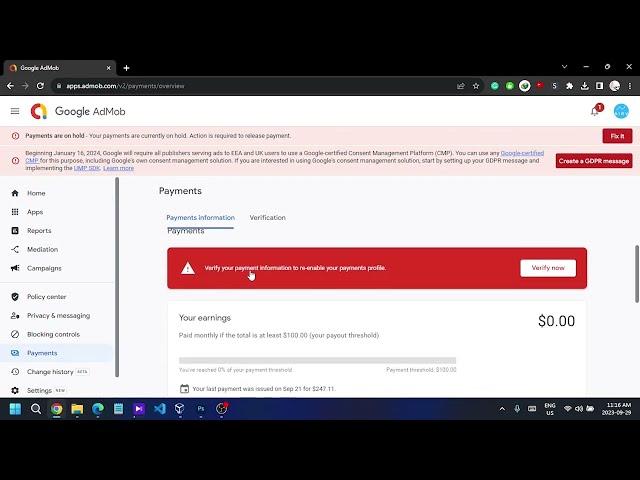 Google Admob Payments are on Hold - Verify your payment information [Fixed]