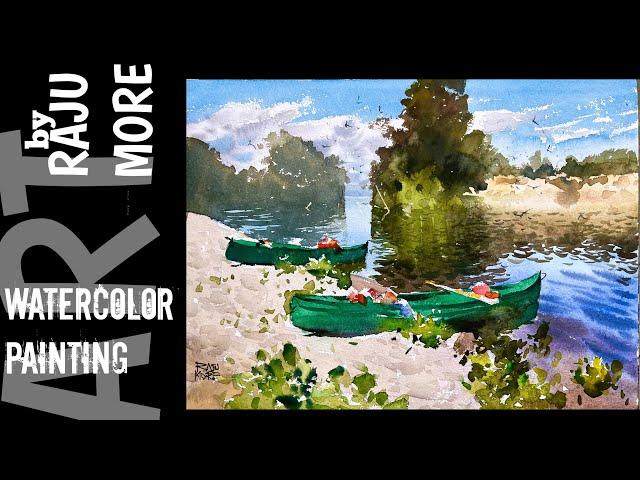 Watercolor Painting for Beginners: Canoes on a Sandy Riverbank (Step-by-Step) .