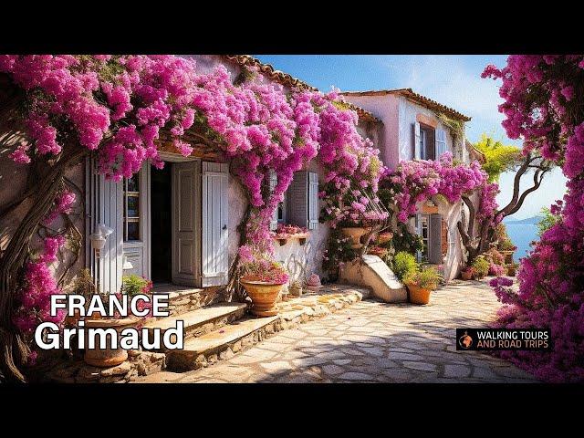 Grimaud FRANCE - French Village Tour - Flowered Beautiful Villages in France - 4k video walk