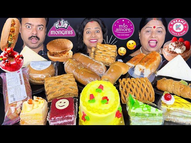 MIO AMORE VS MONGINIS VS KREAMZ EATING CHALLENGE WITH PUNISHMENT BURGER, HOT DOG, PASTRY MUKBANG