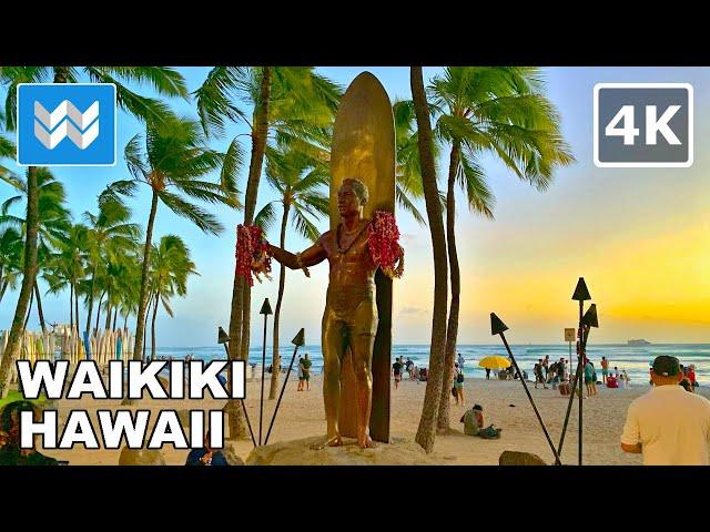 [4K] Waikiki Beach at Night in Honolulu Hawaii - Walking Tour & Travel Guide  Binaural Sound