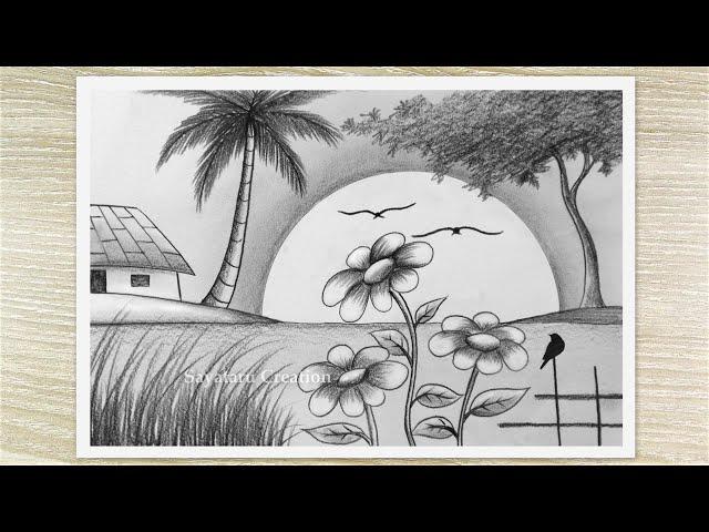 How to Draw a Sunset Scenery with Pencil Sketch, Easy Pencil Drawing for Beginners