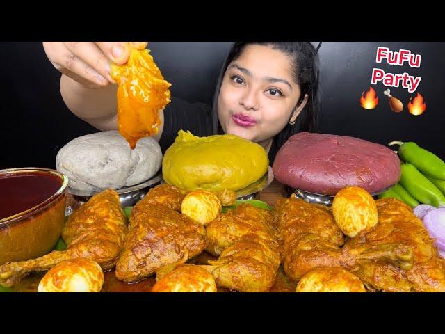 DIFFERENT TYPES OF FUFU WITH SPICY CHICKEN CURRY AND EGG CURRY | SPICY EXTRA GRAVY | EATING MUKBANG