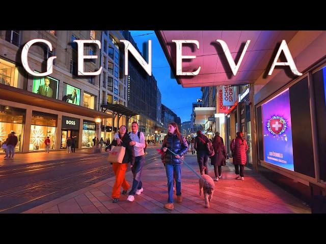 SWITZERLAND GENEVA  Currently Evening walk in metropolitan City Center / Luxury Shopping Streets 4K