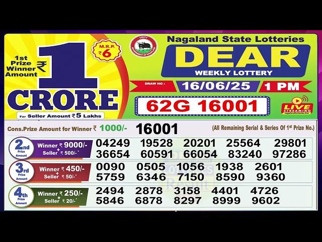 Dear Lottery Sambad Morning 1 PM today 16.06.25 Nagaland State Lottery Result
