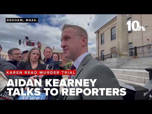 Turtleboy blogger Aidan Kearney talks to reporters about Karen Read trial