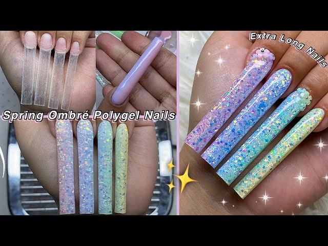 EXTRA LONG SPRING POLYGEL NAILS VERTICAL OMBRE & GLITTER NAIL DESIGN | Nail Tutorial