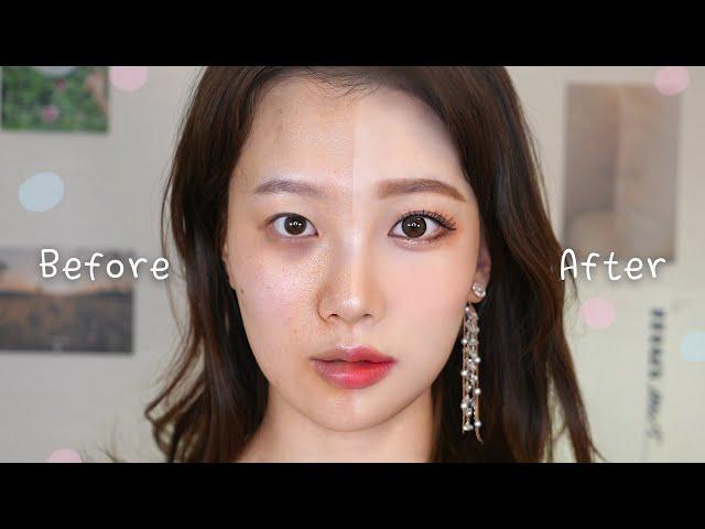 Korean Style Coral Makeup | Square chin, dark circles, double eyelids