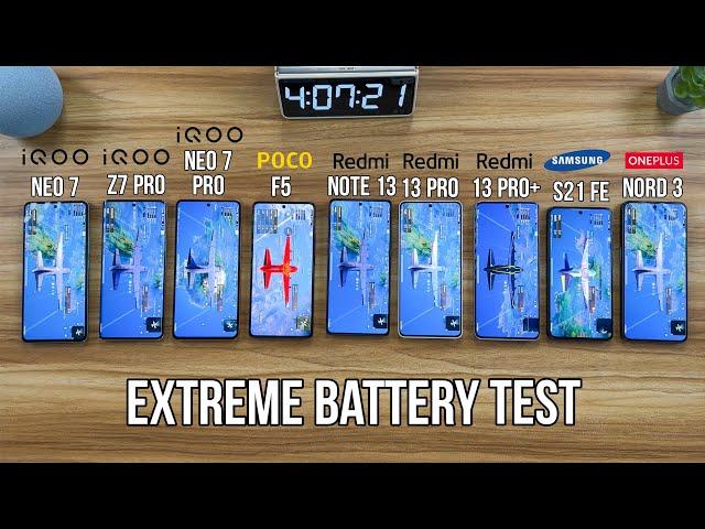 Redmi Note 13 Pro+ vs iQOO Neo 7 Pro vs Poco F5 vs S21 FE 5G / Nord 3 / Note 13 Pro Battery Test 