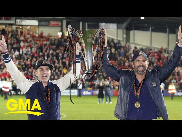 Ryan Reynolds, Rob McElhenney celebrate after Wrexham FC earns promotion l GMA