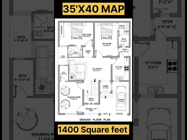 35' X 40 House Plan | 35 by 40 home Plan | 1400 Sqft Map 2bhk car Parking #viral