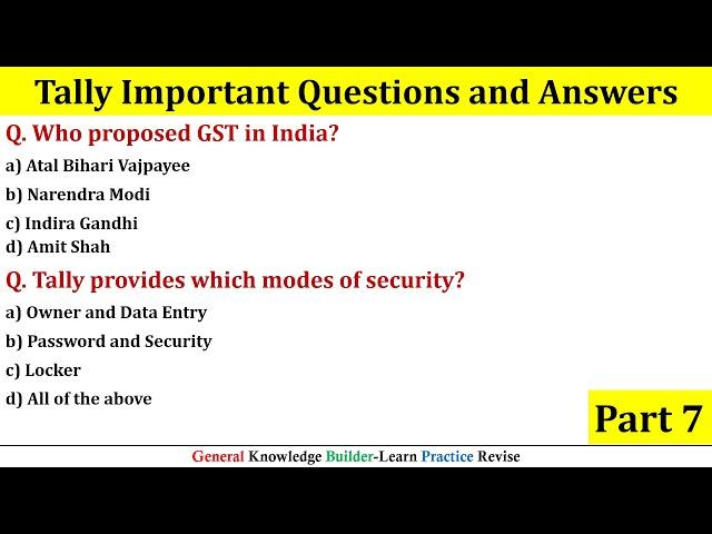 Most Important Tally Questions|| Part 7|| Tally objectives for Exam and Interview|| Tally MCQ Quest|