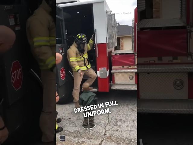 Dad returns home from the army in a fire truck ️