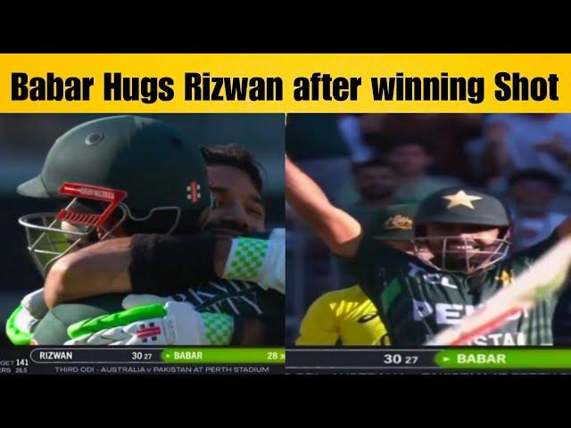 Babar Hugs Rizwan after playing the winning shot against Australia to win the series