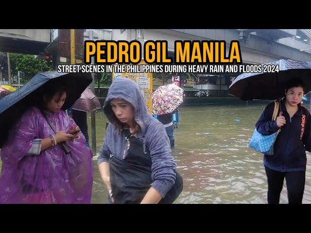 Street Scenes in the PHILIPPINES during heavy rain and floods | PEDRO GIL MANILA | Walking Tour|[4K]