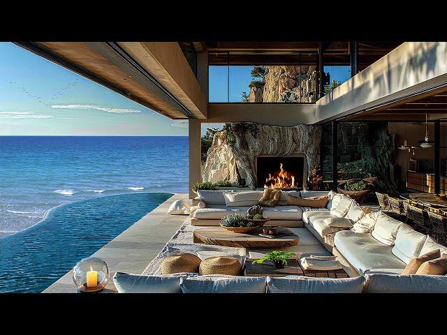 Soft Seaside Jazz Music in Comfortable Terrace Setting 4K with Relaxing Ocean Waves and Fireplace 4K