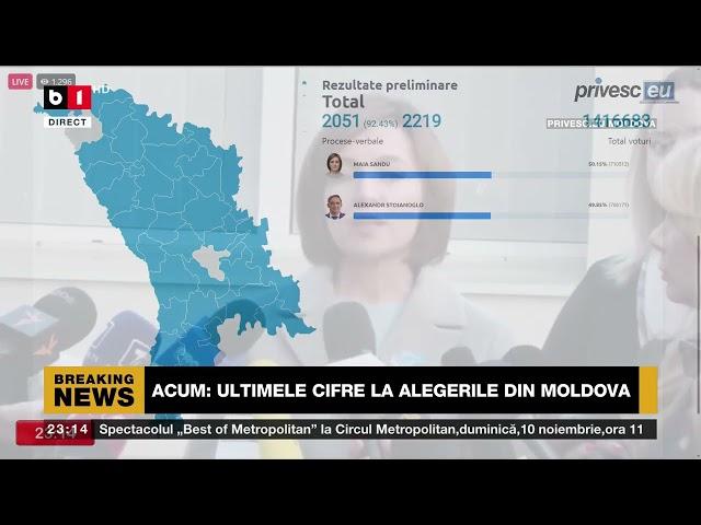 VOT PARȚIAL: ULTIMELE CIFRE LA ALEGERILE DIN MOLDOVA. MAIA SANDU-50,09% ȘI STOIANOGLO-49,92%. B1TV_