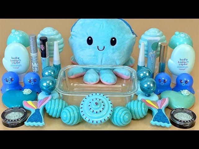 ASMR Slime Blue  Mixing eyeshadow, makeup and glitter into Slime. Relaxing slime video.