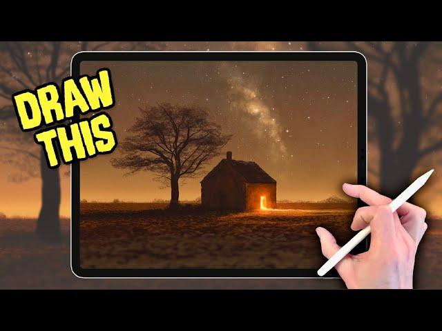 EASY PROCREATE Landscape DRAWING Tutorial in EASY Steps - Night Barn