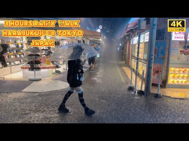 【4k hdr】 3 Hours Heavy Rain Walk in Harajuku（原宿）Tokyo Japan | Relaxing Natural City ambience