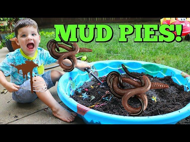 Kid Playing Outside Making GIANT Mud Pies with REAL WORMS!