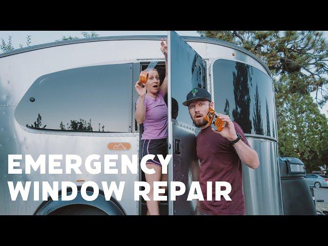 Broken Airstream Window in the California Mountains