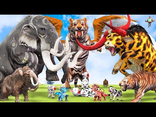 10 Mammoth Elephant Cow vs 10 Giant Tiger Vs Zombie Elephants Fight Baby Cow Saved by Woolly Mammoth