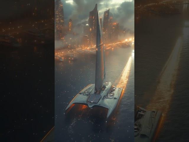 a sleek electric catamaran with solar-wing sails